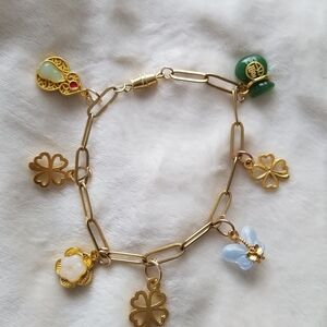 Gold Charm Bracelet with Green and Blue Accents